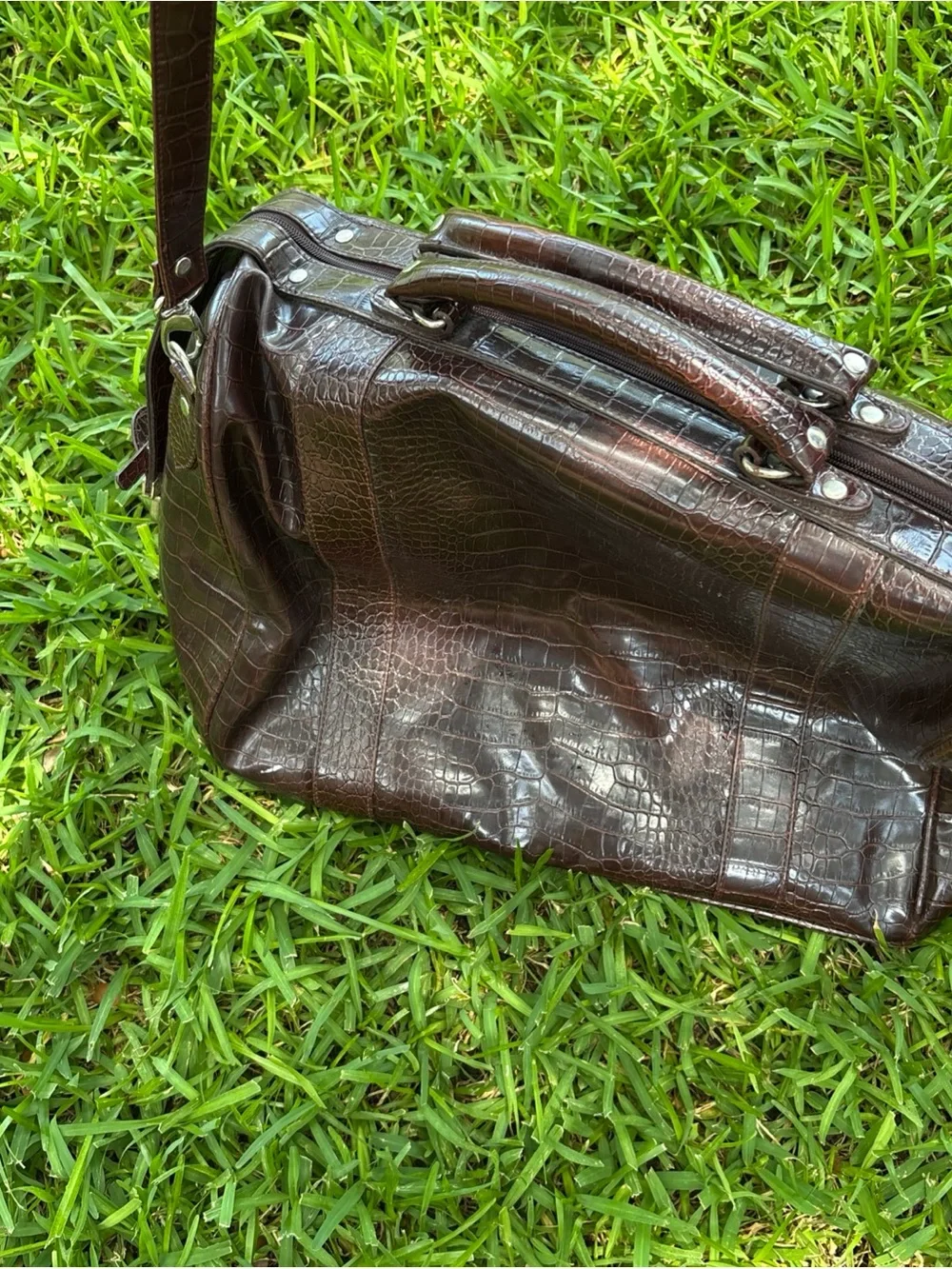 Bath And Body Works Bag Faux Leather Croc Brown Travel Duffel Weekender  18